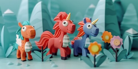 Fototapeta premium A cute, miniature 3D scene showing a group of playful, baby mythical creatures (unicorns, dragons, and phoenixes) attending a whimsical, enchanted forest preschool