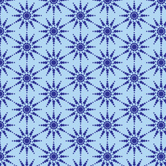 Fototapeta premium Geometric repeating background. Retro background with blue objects. Seamless blue pattern, sun, flower. 