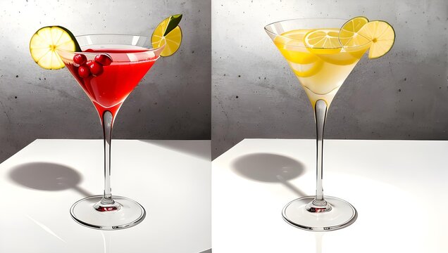 Two colorful cocktails with fruit garnishes on a modern bar counter, contrasting colors and shadows.