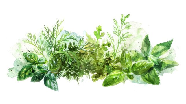 A watercolor fantasy of mixed herbs cilantro, dill, and basil, on a white background