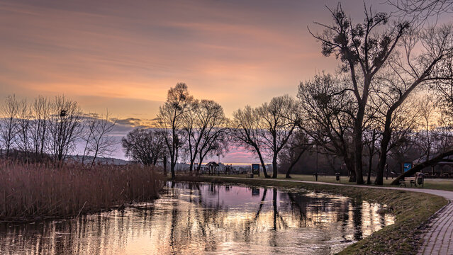 Sunrise over the Supras River at the boulevards in Suprasl.