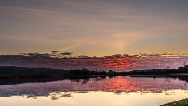 Sunrise over the Supras River at the boulevards in Suprasl.