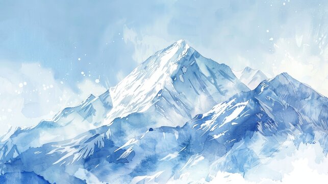 A watercolor landscape showing a snowy mountain peak under a clear blue sky, on a white background