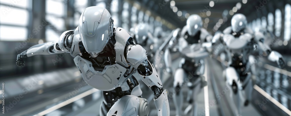 Poster a group of robots are racing down a track