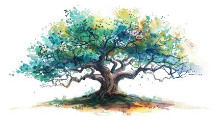 A watercolor portrait of a wise old tree, its branches reaching out, stories untold, on a white background