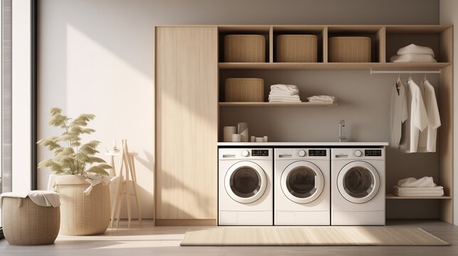This image showcases a contemporary laundry room adorned with natural wicker laundry baskets and a sleek washing machine.  