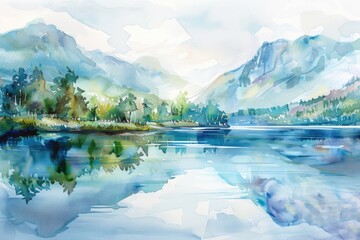 An artistic watercolor interpretation of a serene lakeside view, with reflections of mountains in the still water, on a white canvas - obrazy, fototapety, plakaty