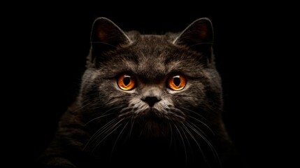 Majestic British Shorthair cat with striking orange eyes, poised elegantly against a dark backdrop, exuding grace and mystery.