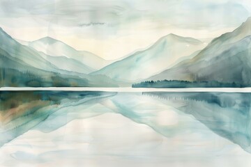 An artistic watercolor interpretation of a serene lakeside view, with reflections of mountains in the still water, on a white canvas