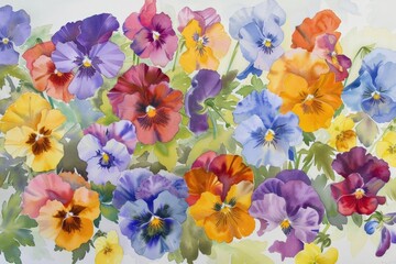 An atmospheric watercolor scene featuring a variety of Viola flowers, their diverse colors and forms harmoniously blended, presented on white