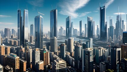 Futuristic city skyline with skyscrapers and hazy atmosphere under blue sky.