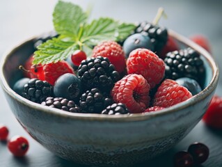 Close-up captures a bowl brimming with juicy strawberries, plump blueberries, and ripe raspberries, each berry kissed with dew, hinting at the freshness of a sunlit morning.