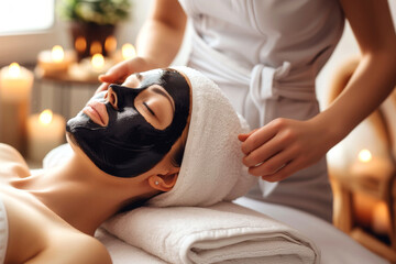 Healing facial mask. Skin care. Woman relaxing in a spa salon.