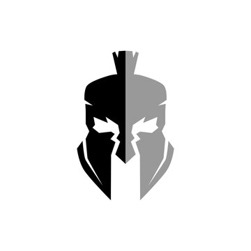Spartan warrior helmet logo. Spartan helmet logo, Spartan shield and helmet vector illustration, Spartan Greek gladiator armor flat vector icon.
