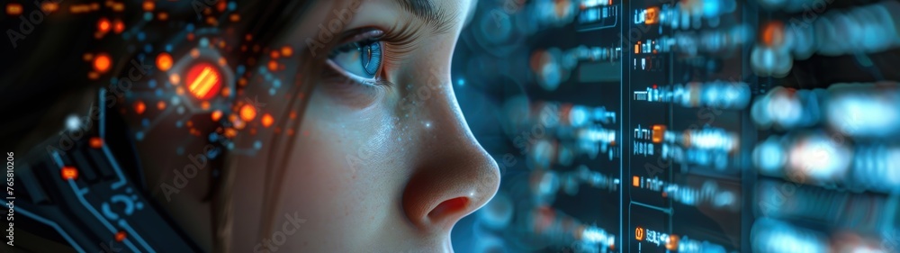 Poster ai concept. close-up of the head of a humanoid robot with the face of a beautiful girl studying data