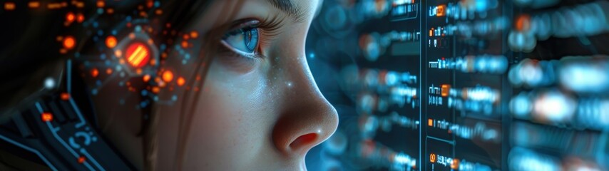 Fototapeta premium AI concept. Close-up of the head of a humanoid robot with the face of a beautiful girl studying data on the monitor screen. Banner.