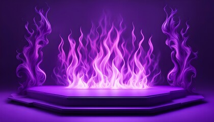 purple display platform backed by purple flames