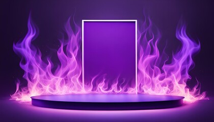 Purple flame display dais with blank sign frame - obrazy, fototapety, plakaty