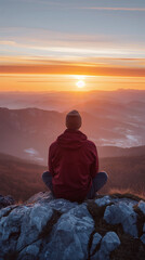Man meditating at sunrise on a mountaintop, a view of the horizon, soft diffused light, a thoughtful and serene mood. 