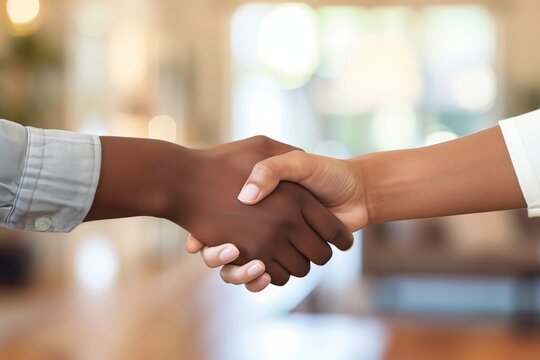 Two multiracial business people shaking hands indoors