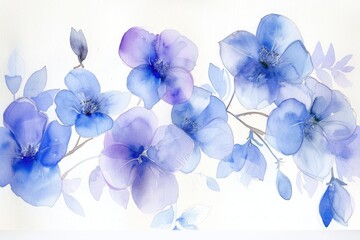 An enchanting watercolor scene featuring Viola cornuta blooms, with shades of blue and purple gently unfolding on a pristine white background