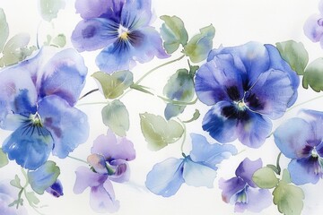 Fototapeta na wymiar An enchanting watercolor scene featuring Viola cornuta blooms, with shades of blue and purple gently unfolding on a pristine white background