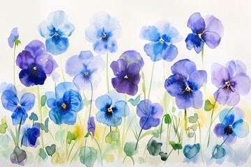 An enchanting watercolor scene featuring Viola cornuta blooms, with shades of blue and purple gently unfolding on a pristine white background