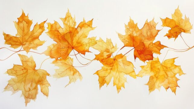 An elegant watercolor painting featuring a cascade of gold maple leaves, each leaf detailed with veins, shimmering softly against a white background