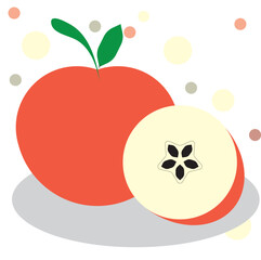 Vector illustration of an apple and a halved apple. Simple illustration, fruit, raw, fresh apple. Kernel with kernels. Pastel colors. Healthy lifestyle, vitamins, vegetarian, diet, healthy food