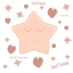 Cute baby vector illustration. Smiling cute pink star. Pink hearts and other decorative objects around the star. Inscription: sweet dreams.