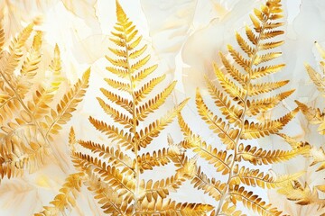 Artistic watercolor rendering of gold fern fronds, their complex patterns and textures highlighted beautifully on a white canvas