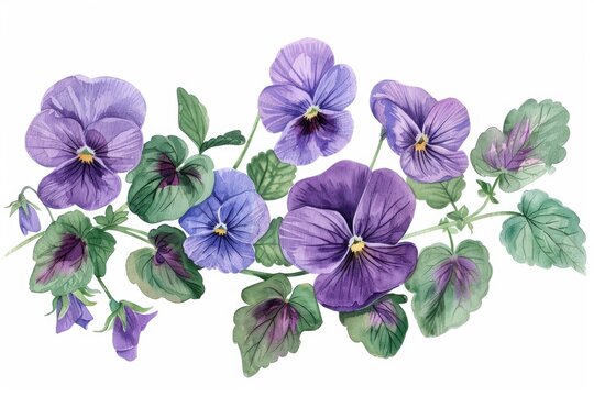 Artistic watercolor illustration of a cluster of Viola odorata, their deep violet hues and tender green leaves softly standing out against white