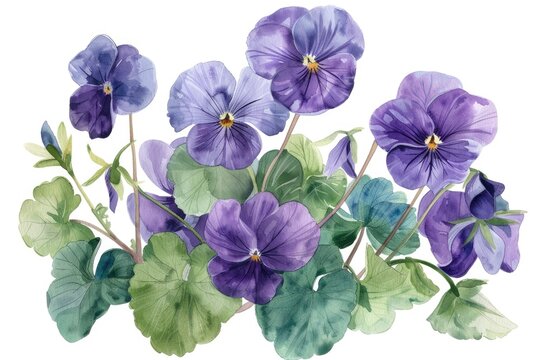 Artistic watercolor illustration of a cluster of Viola odorata, their deep violet hues and tender green leaves softly standing out against white