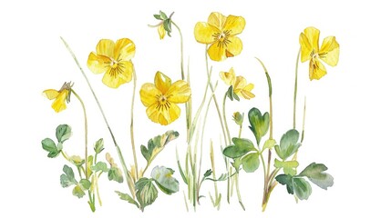 Delicate watercolor depiction of Viola pubescens, its bright yellow blossoms and tender stems finely painted on a white background