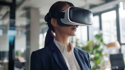 Visualize a businesswoman in a formal suit utilizing VR goggles for a virtual reality AI experience. 