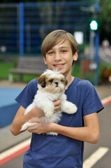 menino no parque com shih-tzu fofo 