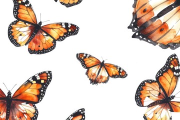 Fluttering monarch butterflies in watercolor, detailed wing patterns, shades of orange and black, light airiness, white background