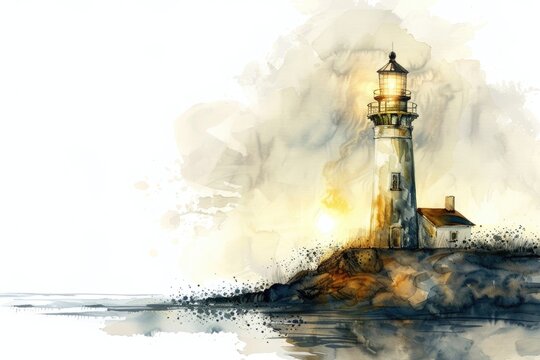 Elegant watercolor of a lighthouse at sunset, its light a beacon in the fading light, on a white background