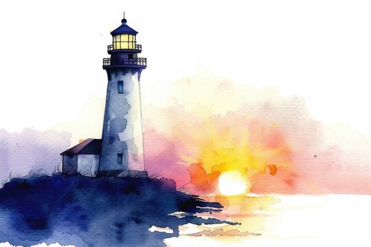 Elegant watercolor of a lighthouse at sunset, its light a beacon in the fading light, on a white background