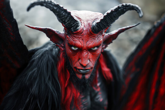 portrait of the red devil with horns and wings, fantasy costume