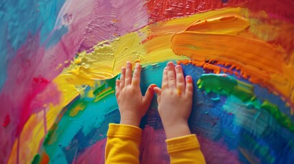 Child's hands on colorful painting.