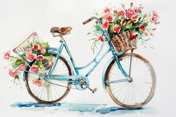 Fototapeta na wymiar Vintage bicycle with a basket of flowers in watercolor, detailed spokes and petals, a touch of nostalgia, on a white canvas