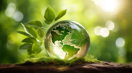  The luminescent Earth surrounded by green leaves and water drops highlights the concept of renewable energy and eco-friendliness. © Marynkka_muis
