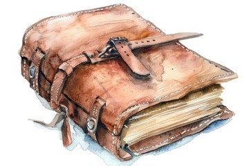 Watercolor clipart of a rustic leather journal, detailed and nostalgic, isolated on white background for literary and vintage themes