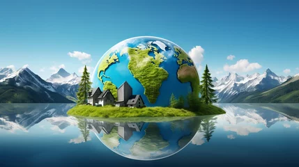 Foto op Plexiglas Hemisphere of planet Earth depicting city buildings and green landscapes against a clear sky. Concept: combating planet pollution. Banner illustration © Marynkka_muis_ua