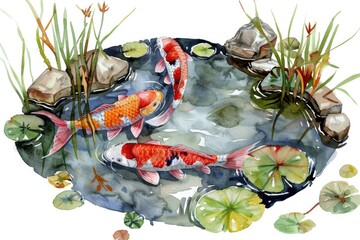 Watercolor clipart of a serene koi pond, peaceful and detailed, isolated on white background for tranquil and meditative designs