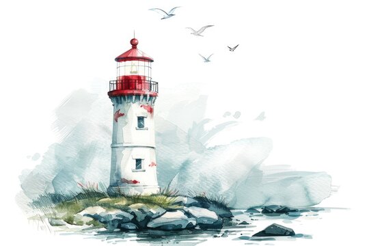 Watercolor clipart of a quaint lighthouse, guiding light theme, detailed and serene, isolated on a white background for coastal themes