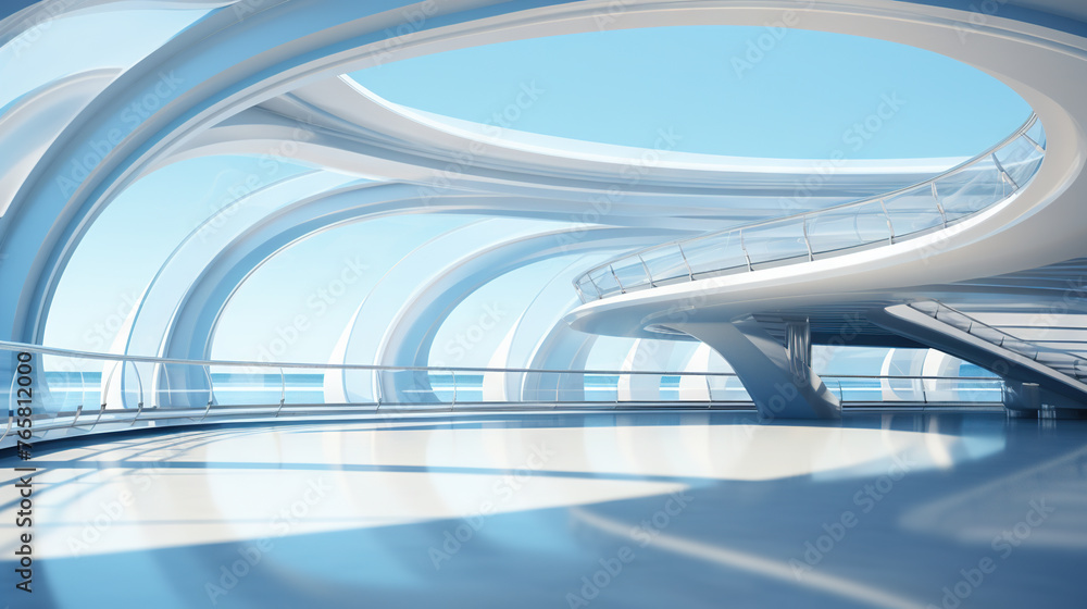 Aufkleber Abstract architecture scene with smooth curves. Abstract background with futuristic building in white and blue colors.