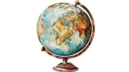 Watercolor clipart of a vintage globe, detailed and worldly, isolated on white background for travel and exploration themes
