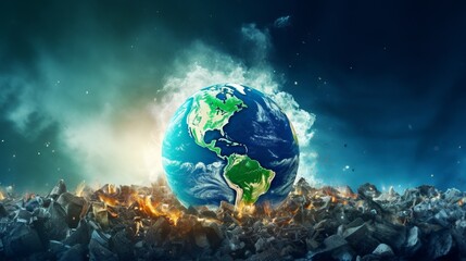 Obraz na płótnie Canvas Planet Earth is surrounded by debris floating in the ocean, highlighting environmental issues. Concept: combating planet pollution. Banner illustration